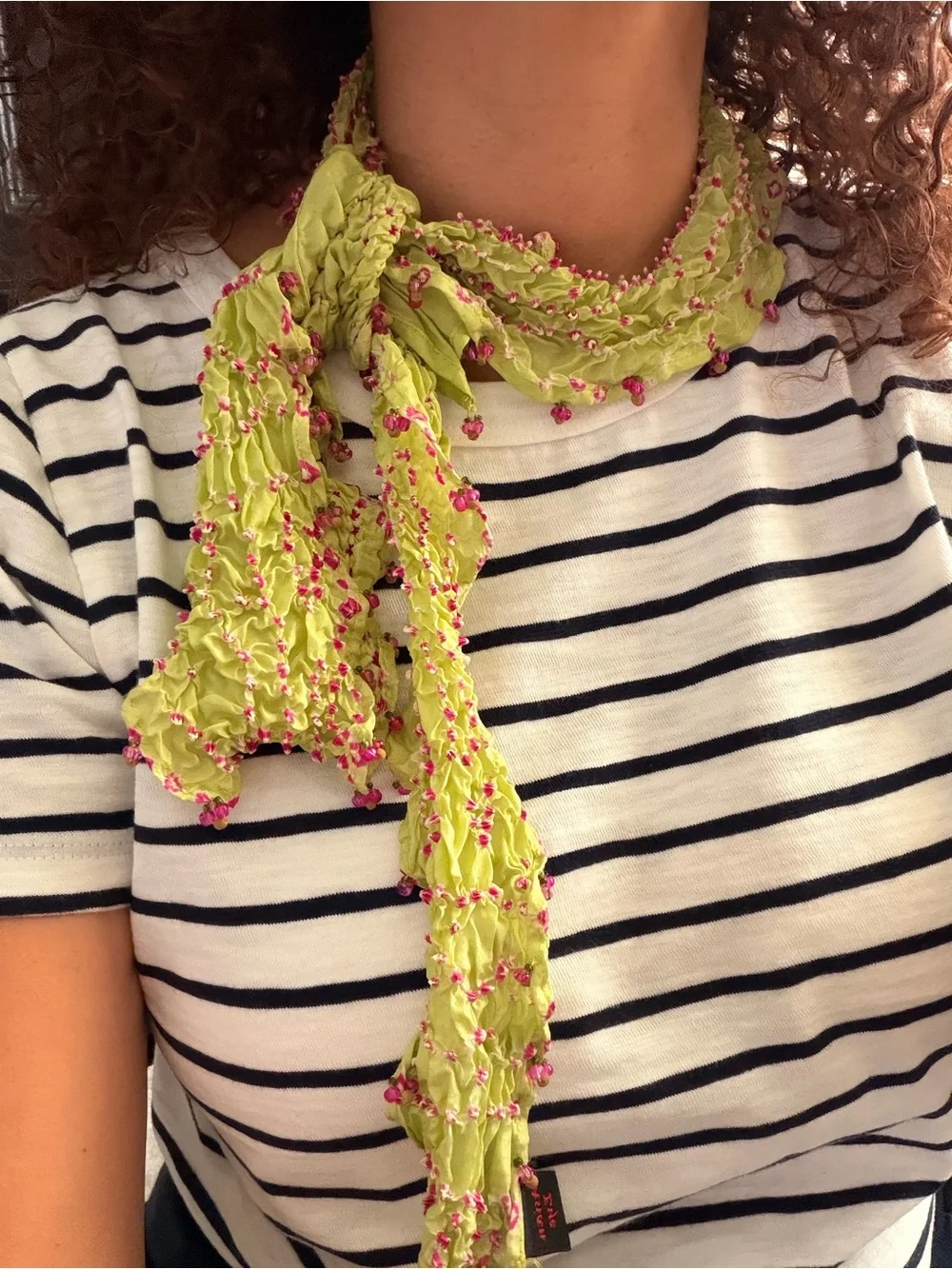 Light Green & Pink Beaded Ruffled Silk Scarf - Tie Dye Scarf #629